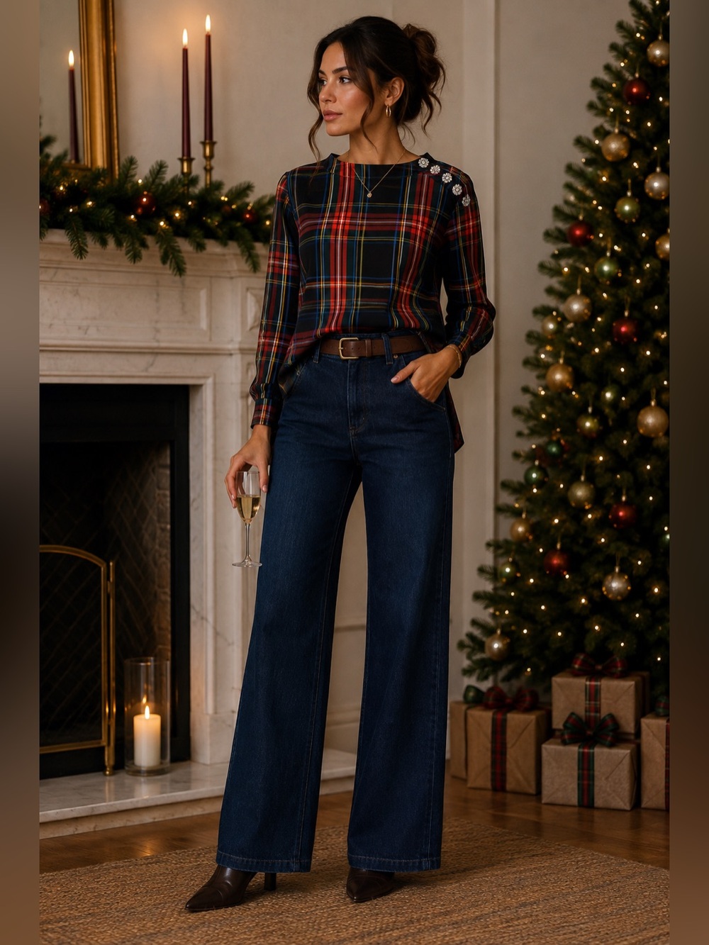 J.Crew Size 0 Tartan Plaid Jeweled Shoulder Button High Low Top
